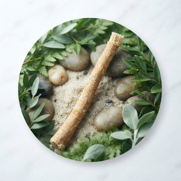 A natural Miswak stick resting among river stones and sage green leaves on a white background.