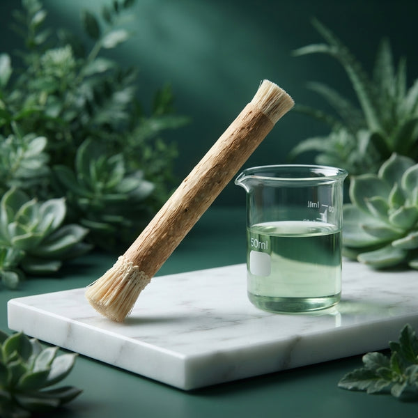 A Miswak stick placed on a white surface next to scientific laboratory glassware in a clean, modern setting with forest green